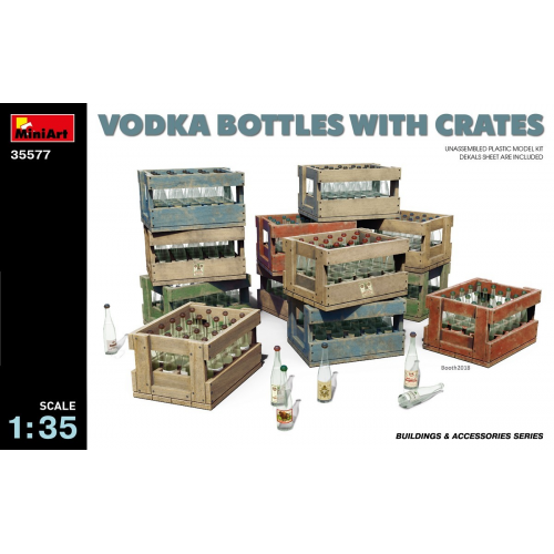 Vodka and Schnapps bottles and transportation/packaging crates 
